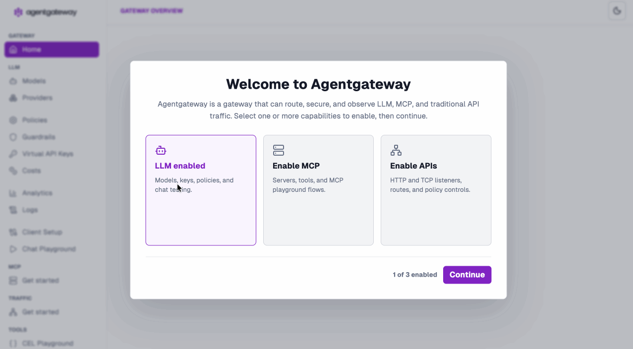 agentgateway v1.3.0 welcome screen letting you enable LLM, MCP, and API capabilities