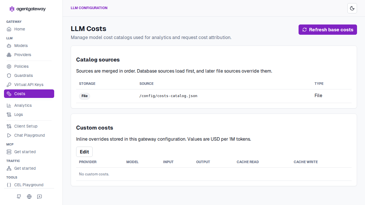 Admin UI LLM Costs page showing catalog sources and custom cost overrides